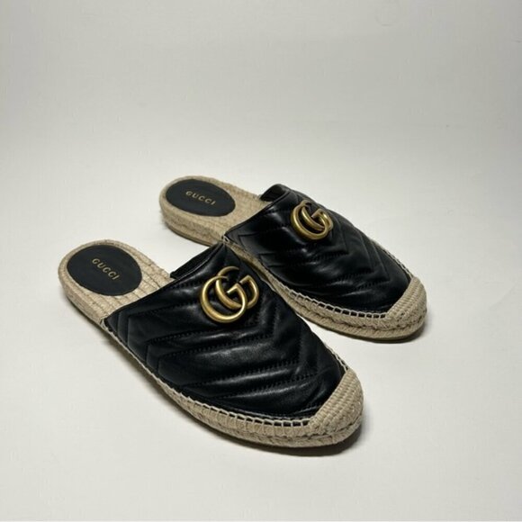 Gucci Nappa Matelasse GG Marmont Black Mules Espadrilles Size 37.5 - Picture 2 of 9